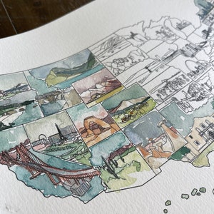 Op de afbeelding: Een aquarel schilderij van de Verenigde Staten van Amerika, waarbij elke staat wordt vertegenwoordigd door een ander iconisch monument. Het schilderij is gemaakt in een lichte en luchtige stijl, met een verscheidenheid aan kleuren die worden gebruikt om de verschillende monumenten te beschrijven.