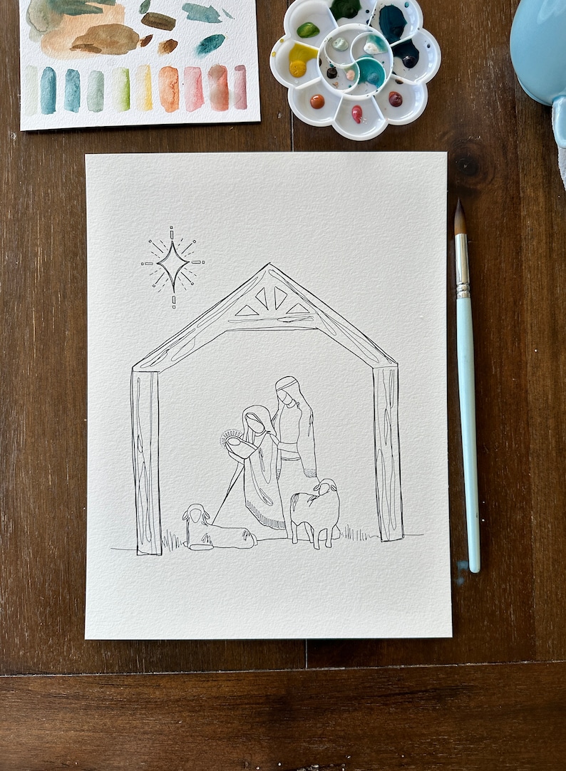 May include: A black and white line drawing of the nativity scene. Mary and Joseph are kneeling in a stable with a star above them. There are two sheep in the scene.