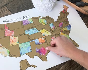 Watercolor Scratch Off Map - United States of America Travel Map (USA)- Been There Scratched That - Wedding Gift