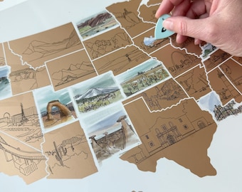 US State Scratch Off Map | Illustrated Landmarks Travel Poster | Gifts for Mom