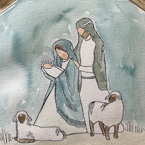 May include: A watercolor painting of the nativity scene with Mary, Joseph, and baby Jesus. The painting is set in a stable with two sheep. The painting is done in a muted color palette of blues, greens, and browns.