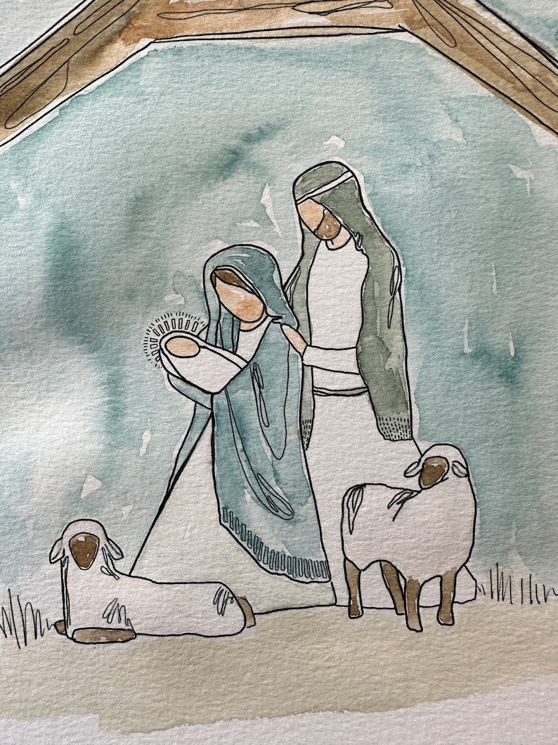 May include: A watercolor painting of the nativity scene with Mary, Joseph, and baby Jesus. The painting is set in a stable with two sheep. The painting is done in a muted color palette of blues, greens, and browns.