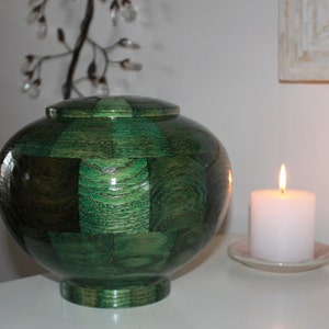 Green Custom Wooden Cremation Urn for Human Ashes - Artistic Individual Urn for Adults - Personalized Urn - Funeral Urn - &quot;Peony, Green&quot;