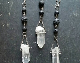 Essential Oil Necklace Diffuser --- Lava Rock Aromatherapy Jewelry pendant with Quartz Crystal