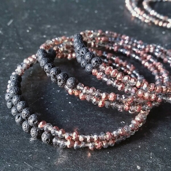 Essential Oil Lava Diffuser Bracelet in Rose Gold glass seed beads * Boho  --- Aromatherapy Jewelry Memory Wire Bracelet