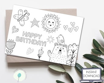 PRINTABLE coloring card from kid, Happy Birthday Coloring Card for Kids and Adults, kids coloring activity, Greeting Card for Birthdays