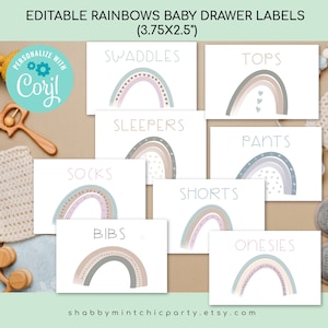 Editable Gender Neutral Rainbow Baby Drawer Labels, Clothes label Editable Text, Nursery Organization, Rainbow Nursery Clothes Labels image 1