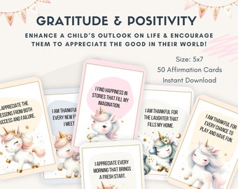 Kids' Gratitude & Positivity Affirmation Cards - 50-Card Pack, Printable 5x7, Instant Download PDF, Printable Gifts for Kids,