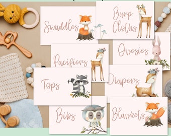 Editable Boho Woodland Animal Baby Drawer Labels, Nursery Organization, Nursery Decor, Baby Labels for Baby Shower,Kid Dresser Labels