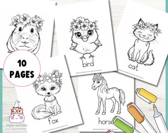 Printable Spring Coloring Pages, Animal Coloring Pages, Animals with Flower Crowns Coloring book