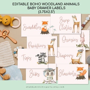 Editable Boho Woodland Animal Baby Drawer Labels, Nursery Organization, Nursery Decor, Baby Labels for Baby Shower,Kid Dresser Labels image 1