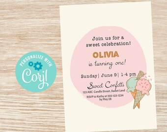 Editable Ice-Cream Party Invitation Template, Summer Birthday Invite, Ice-Cream Social, Baby Shower, 1st 2nd and 3rd Party, First Birthday