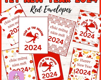 Printable Tet New Year 2024 red envelope, Lunar New Year 2024, Vietnamese New Year, Year of the Dragon, Lucky Money Envelopes