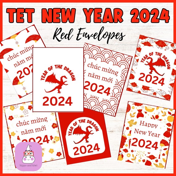 Printable Tet New Year 2024 Red Envelope, Lunar New Year 2024, Vietnamese  New Year, Year of the Dragon, Lucky Money Envelopes 