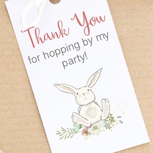 Pu&ograve; includere: Bigliettino regalo bianco con spago, con la scritta "Thank You" in corsivo rosso, seguita da "for hopping by my party!" in grigio. Un coniglietto dei cartoni animati con accenti floreali &egrave; anche sul bigliettino.