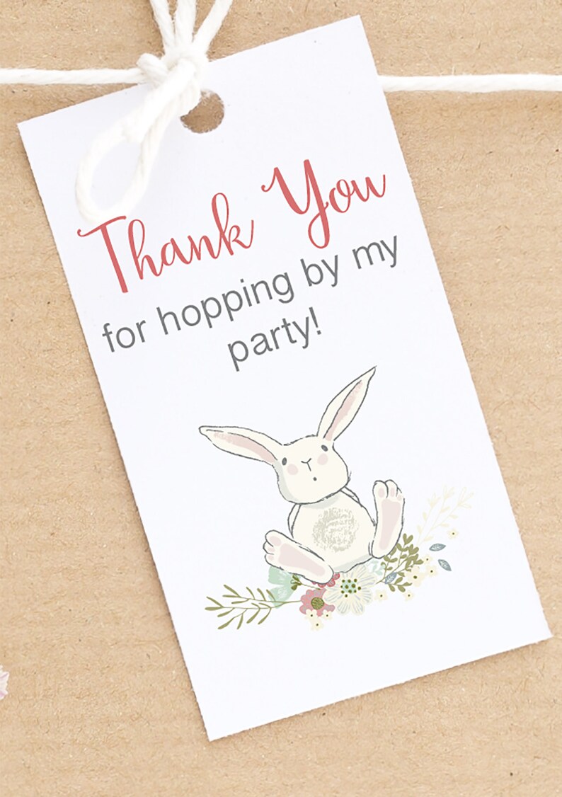 Pu&ograve; includere: Bigliettino regalo bianco con spago, con la scritta "Thank You" in corsivo rosso, seguita da "for hopping by my party!" in grigio. Un coniglietto dei cartoni animati con accenti floreali &egrave; anche sul bigliettino.