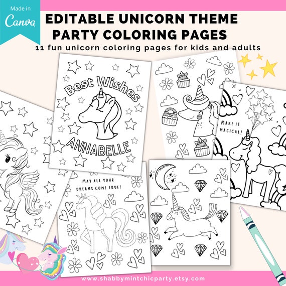 Editable unicorn theme coloring pages plus bonus birthday cake coloring page. Unicorn Coloring Pages for Kids and Adults. Edit in Canva Il_570xn