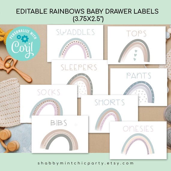 Editable Gender Neutral Rainbow Baby Drawer Labels, Clothes label Editable Text, Nursery Organization, Rainbow Nursery Clothes Labels Il_570xn