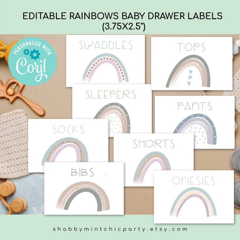 Editable Gender Neutral Rainbow Baby Drawer Labels, Clothes label Editable Text, Nursery Organization, Rainbow Nursery Clothes Labels image 1