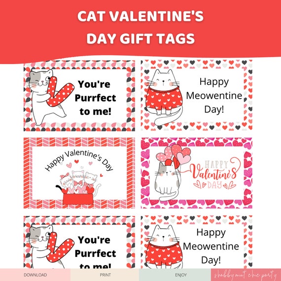 PRINTABLE Valentine's Day Tags for Kids, Cat-themed Vday gift tags, Party Bag Tags, Mini Valentine's Day Cards, Cat Gift Tag, Love Notes, Il_570xn