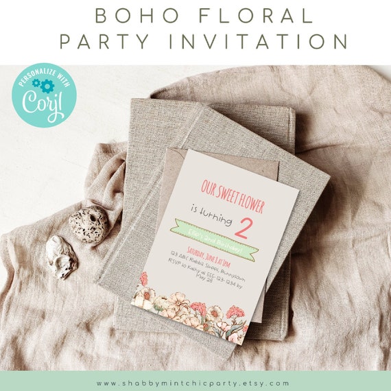 Editable kids party invitation Template, Boho Floral Party Invite, Corjl Template,Do It Yourself, All occasions Invitations, Baby Shower Il_570xn