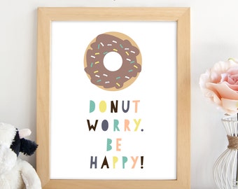 Donut Worry Be Happy-tryck: Väggkonst för barnrum (digital nedladdning)