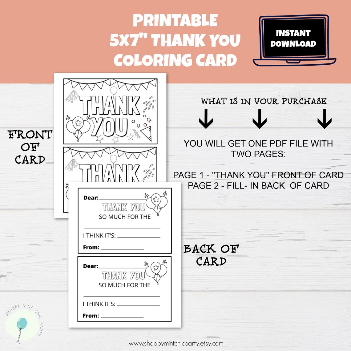 Printable THANK YOU Coloring Card Thank You Card for Kids - Etsy