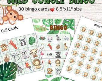 Printable Jungle Bingo Game, Wild Animal Party, Party Games for Kids, 30 Bingo Cards