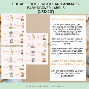 Editable Boho Woodland Animal Baby Drawer Labels, Nursery Organization, Nursery Decor, Baby Labels for Baby Shower,Kid Dresser Labels image 4