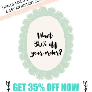Pu&ograve; includere: Uno sfondo bianco con un design turchese e pesca. Il testo recita "ISCRIVITI ALLA MAILING LIST E OTTIENI UN COUPON IMMEDIATO!" e "Vuoi il 35% di sconto sul tuo ordine?" con "OTTIENI SUBITO IL 35% DI SCONTO" e "LINK NELLA DESCRIZIONE".