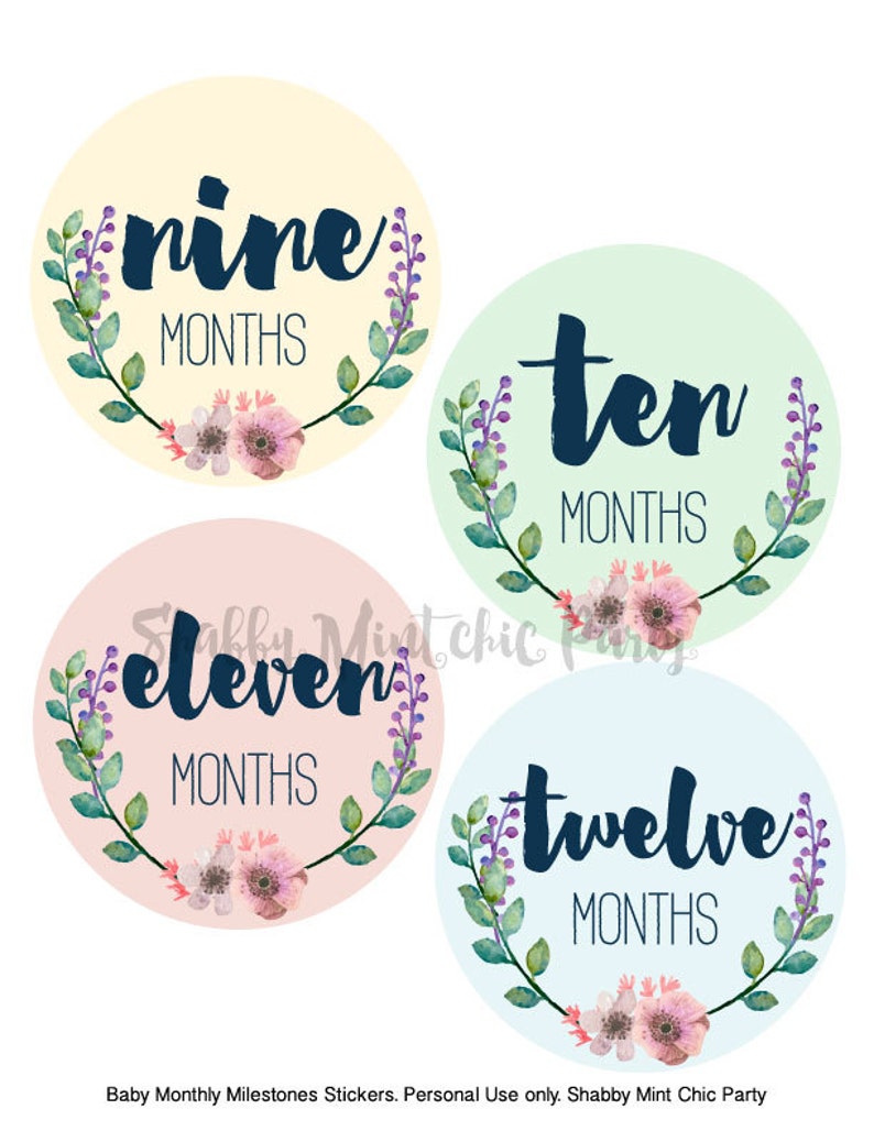 May include: Four round baby milestone stickers with floral wreaths and the words "nine months", "ten months", "eleven months", and "twelve months" in navy blue text.