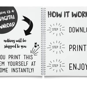 Pu&ograve; includere: Quaderno aperto con rilegatura a spirale, con testo: "This item is a PDF DIGITAL DOWNLOAD." Istruzioni: Scarica, Stampa, Divertiti. &Egrave; visibile anche il testo "You print this item yourself at home instantly!"