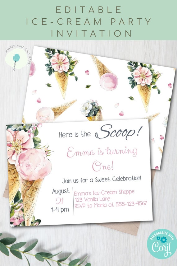 Editable Ice-Cream Party Invitation Template, Ice-Cream Social Birthday Invite, Girl Birthday Invitation, Ice-Cream Theme, First Birthday Il_570xn