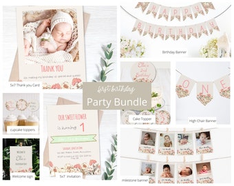 Girl 1st Birthday Party Bundle, Editable, Boho First Birthday Party, Editable Party Invitation, Boho Invitation Bundle, Birthday Banner