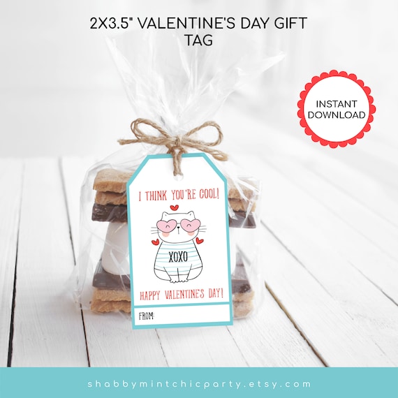 PRINTABLE VALENTINE'S DAY Tag, Cat Vday Tags, Unicorn Gift Tags, Print at Home, Cat Valentine's Day Party Favor Tag, Cat theme Valentine tag Il_570xn