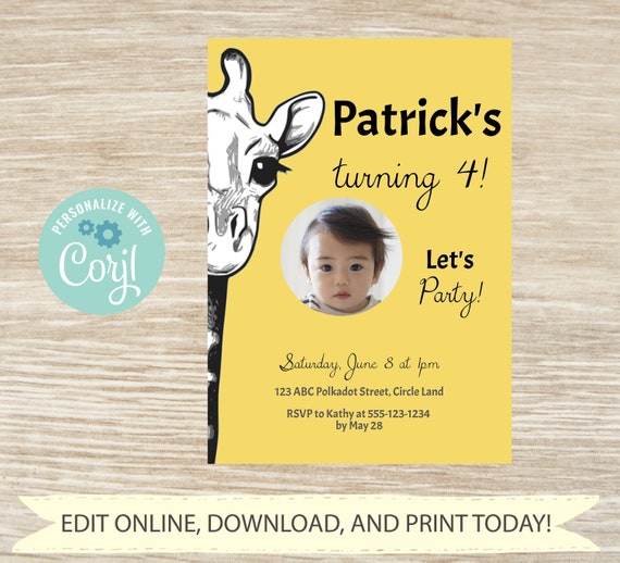 Editable Party Invitation Template, Boy or Girl Animal Birthday Invite, Gender Neutral Baby Shower, 1st 2nd and 3rd Birthday Party, Giraffe Il_570xn