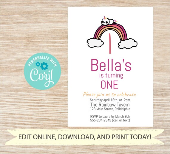 Editable kids birthday invitation,Unicorn Panda themed Birthday party invitation, Rainbow Panda Invitation Template, Corjl, Rainbow party Il_570xn