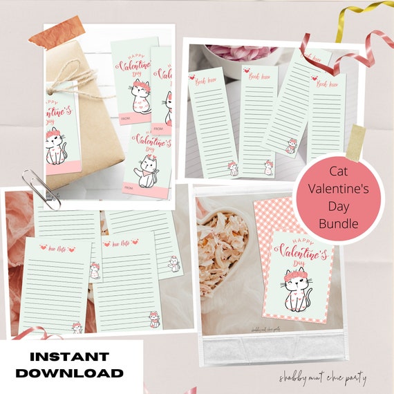 PRINTABLE Valentine's Day Party Bundle, Valentine's Day Greeting Card, Cat Valentine's Day Bookmarks, Cat Gift Tags, Journal Papers Il_570xn