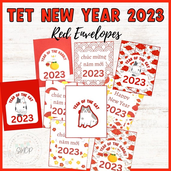 Printable Tet New Year 2023 red envelope, Lunar New Year 2023, Vietnamese New Year, Year of the Cat, Year of the Rabbit Il_570xn
