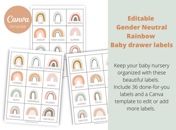 Editable GENDER NEUTRAL Rainbow Baby Drawer Labels Canva Template, Nursery Decor, Nursery Organization, Rainbow Nursery Clothes Labels Il_570xn