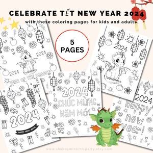 Printable Tết 2024 coloring pages. Year of the Dragon. Vietnamese Lunar New Year. 5 Year of the Dragon Coloring Pages for Kids and Adults image 1