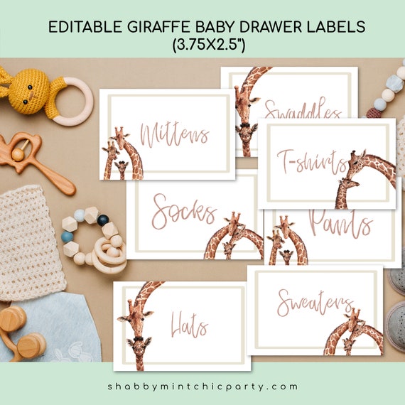 Editable Gender Neutral Giraffe Baby Drawer Labels, New Mom Gift, Nursery Organization, Nursery Decor, Baby Labels, Baby Shower Gift Il_570xn