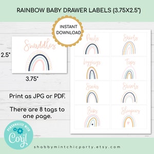 Bearbeitbare Schubladenetiketten für Kinder, Regenbogen-Kleideretiketten, Schubladenetiketten für Kinder, Kleidungsetiketten, Baby-Organisationsetiketten