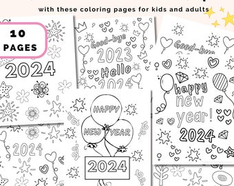 DIGITAL DOWNLOAD - Printable 2024 New Year coloring pages for kids,  Kids  New Year Coloring Pages for New year's Party