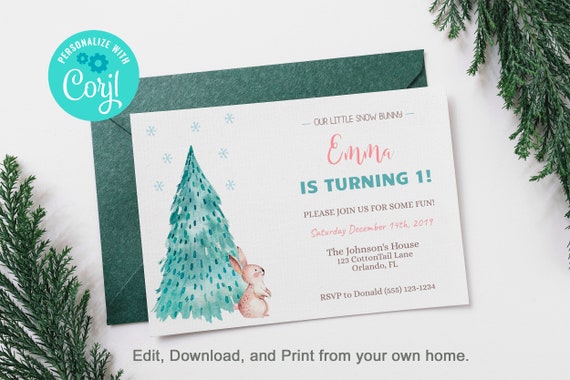 Editable Winter Birthday Party Invitation Template, Boy Birthday, First Birthday Invitation,First Birthday Party, Winter Bunny Party Invite Il_570xn
