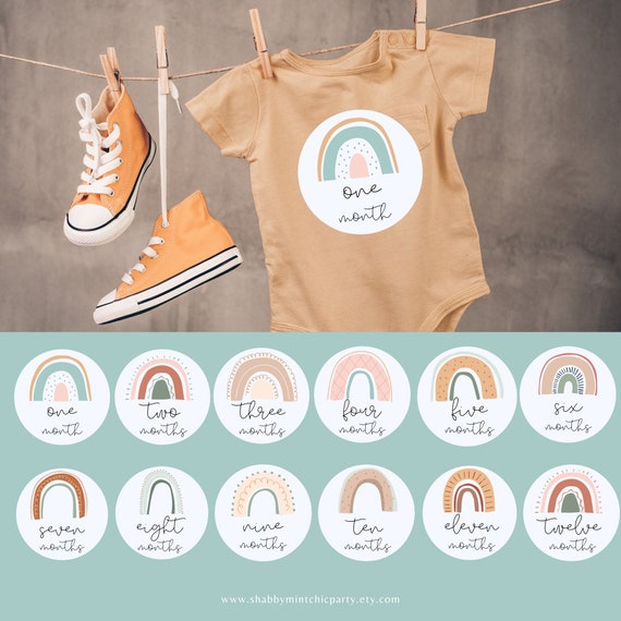 Printable boho baby monthly milestones sticker. Milestone Cards. Set 1-12 months. Baby Shower Gift. Neutral Boho Rainbow Baby Cards. Il_570xn