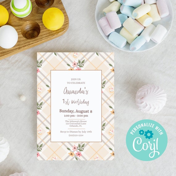 Editable Spring Bunny Party Invitation Template, Spring Birthday Invite, Baby Shower, Birthday Party Invite, Easter Invite,Edit in Corjl Il_570xn