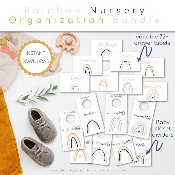 Pastel Rainbow Organization Bundle, Pastel Rainbow Clothes label with Editable Text, Rainbow baby closet divider and labels, Nursey Labels Il_570xn