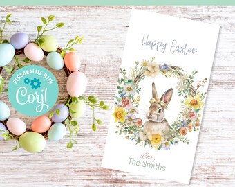 Editable Easter Gift Tag, Spring Floral Wreath with Bunny Gift Tag, Spring Gift Tag, Party Favor Gift Tag, 2 inches by 3.5 inches.