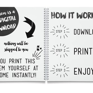 Pode incluir: Uma p&aacute;gina branca com texto preto que explica que este item &eacute; um download digital PDF. O texto diz "This item is a PDF DIGITAL DOWNLOAD" e "nothing will be shipped to you. YOU PRINT THIS ITEM YOURSELF AT HOME INSTANTLY!" A p&aacute;gina tamb&eacute;m tem uma seta preta apontando para a direita. A segunda p&aacute;gina tem texto preto que diz "HOW IT WORKS: STEP 1 DOWNLOAD STEP 2 PRINT STEP 3 ENJOY!"